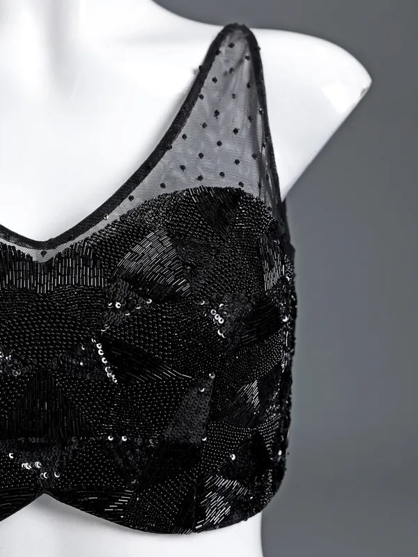 Black net U neck sleeveless blouse with sequins