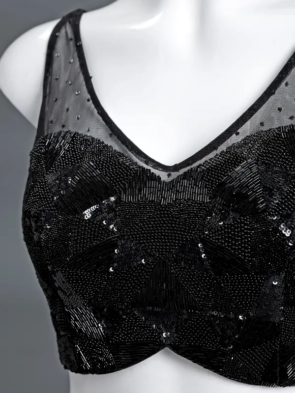 Black net U neck sleeveless blouse with sequins