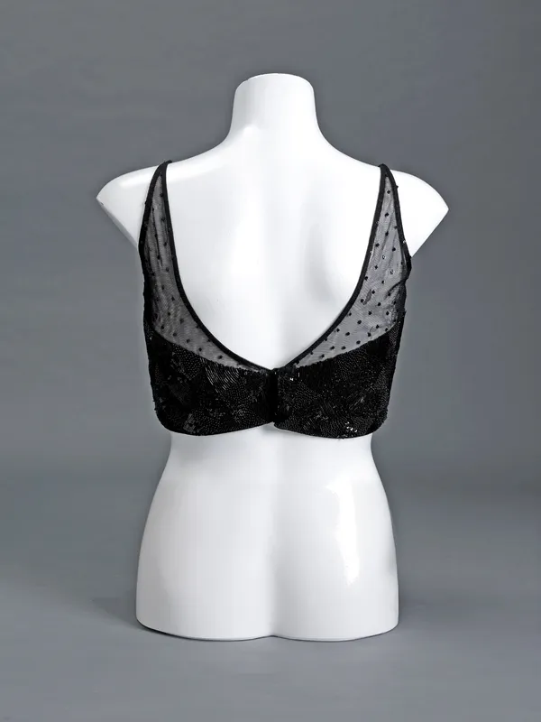Black net U neck sleeveless blouse with sequins