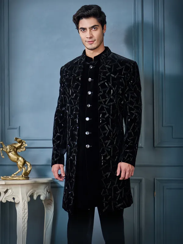 Black open long indo western in velvet fabric