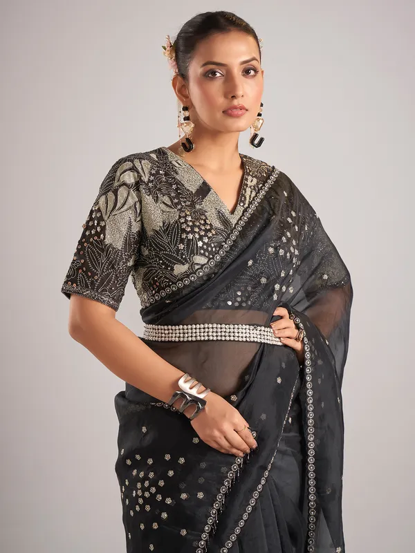 Black organza saree with ready made blouse