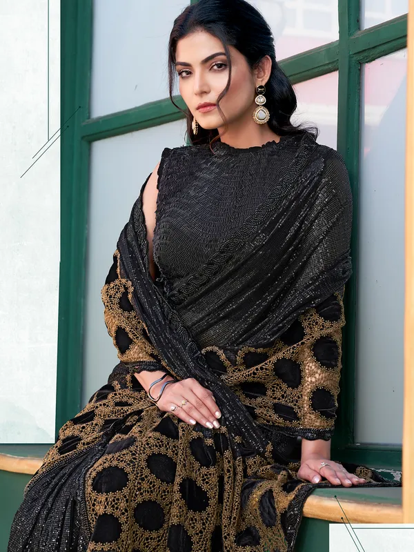 Black party saree in velvet with subtle sparkle