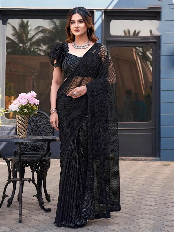 Black party saree with beads and net base