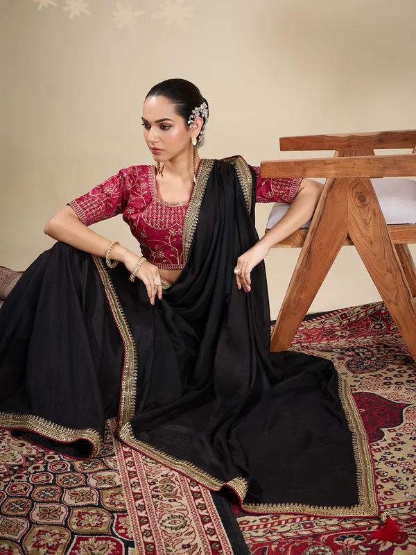 Black party wear plain silk saree