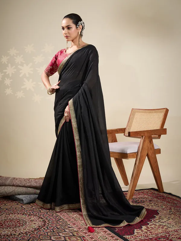 Black party wear plain silk saree