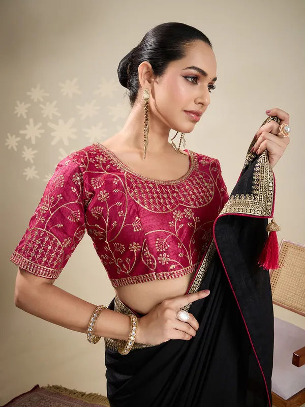 Black party wear plain silk saree
