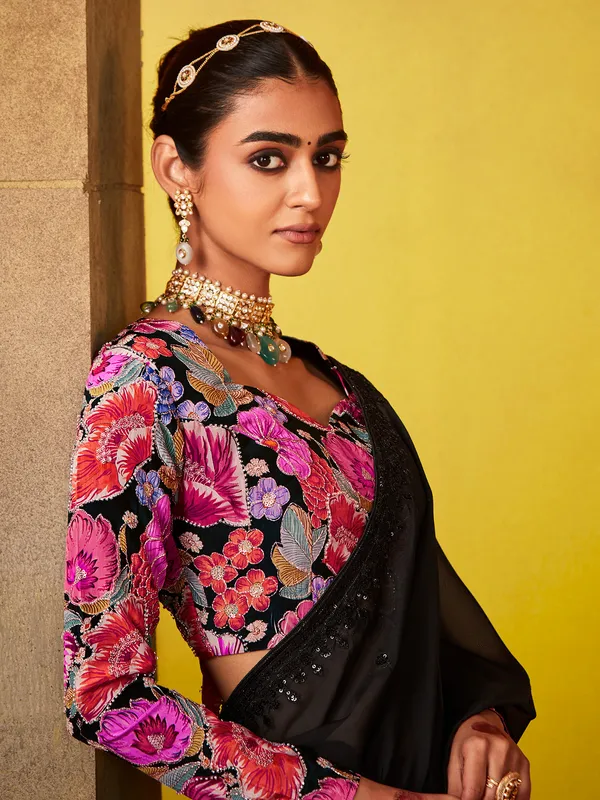 Black party wear saree in soft georgette