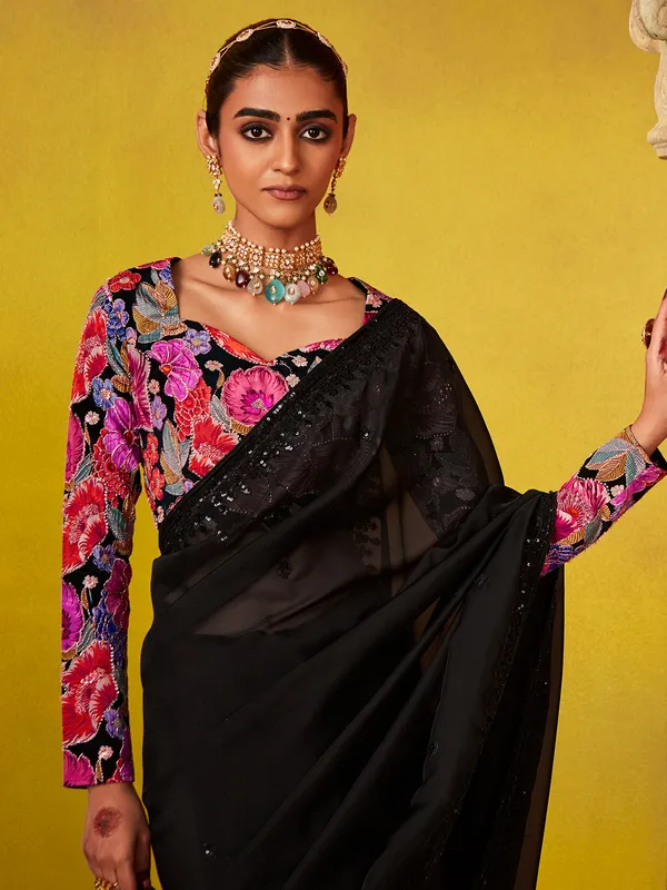 Black party wear saree in soft georgette