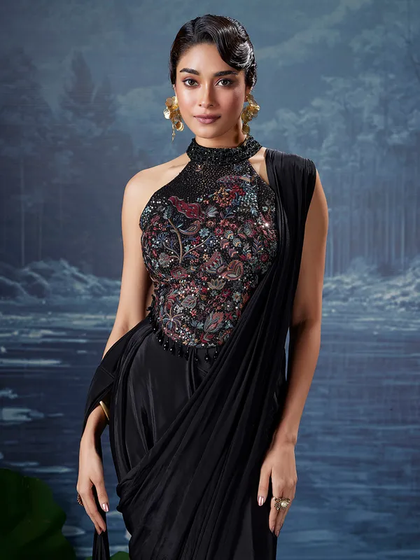 Black party wear silk ready to wear saree