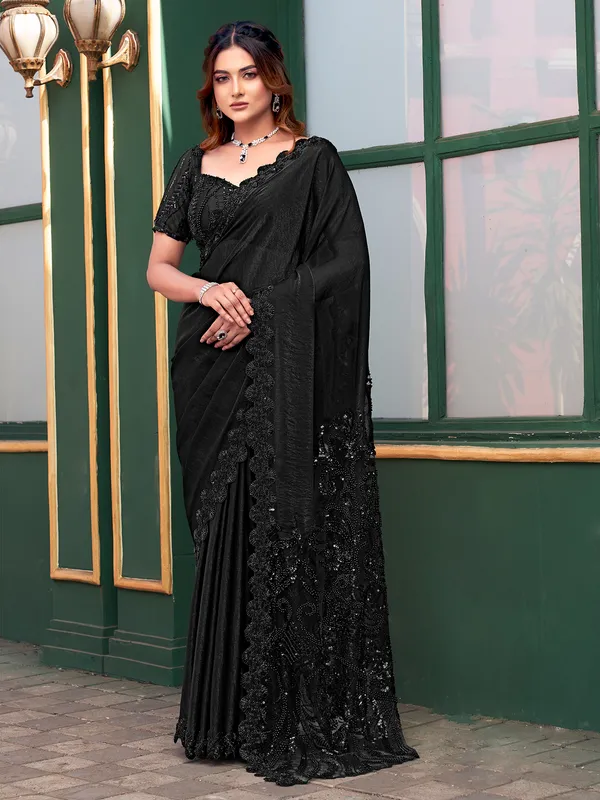 Black partywear net saree with sparkling bead finish