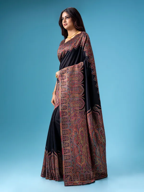 Black pashmina silk saree with kashmiri weaving