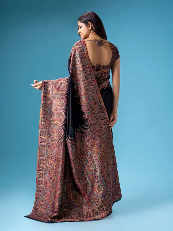 Black pashmina silk saree with kashmiri weaving