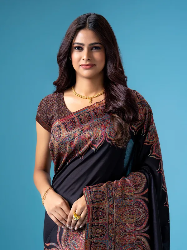 Black pashmina silk saree with kashmiri weaving