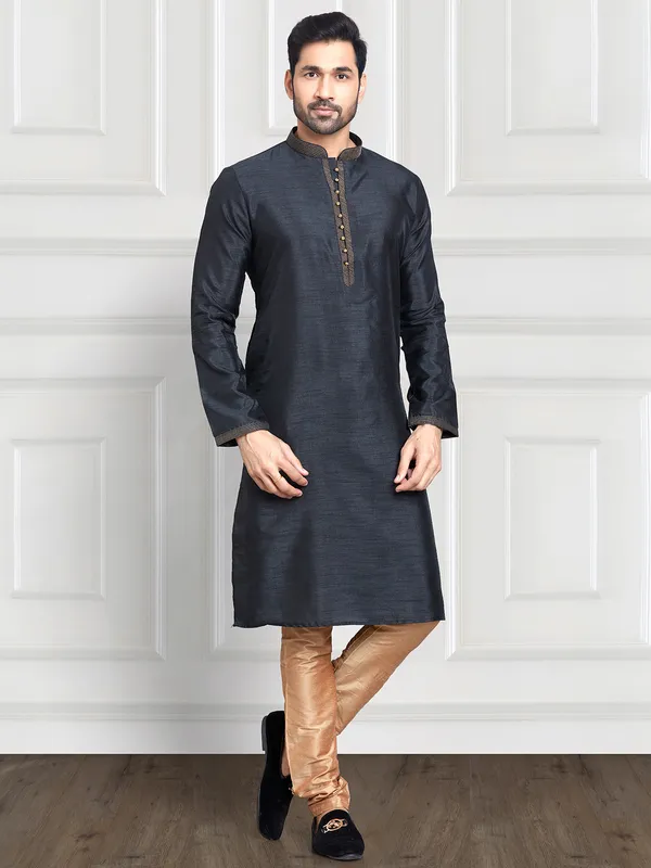 Black plain art silk  Men Kurta pajama