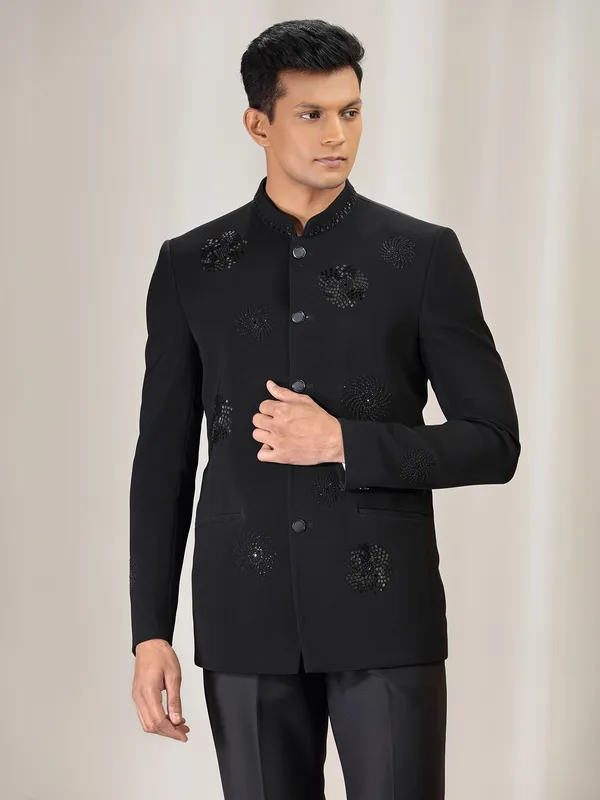 Black polyster jodhpuri suit for wedding