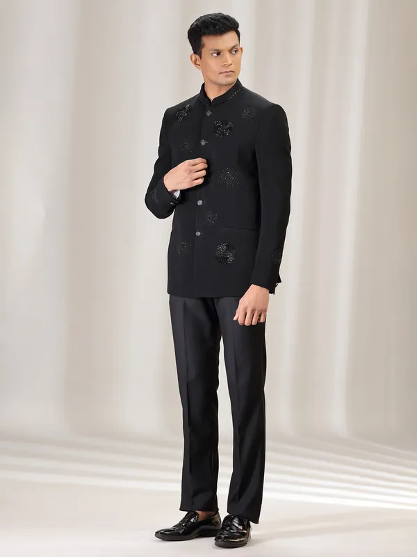 Black polyster jodhpuri suit for wedding