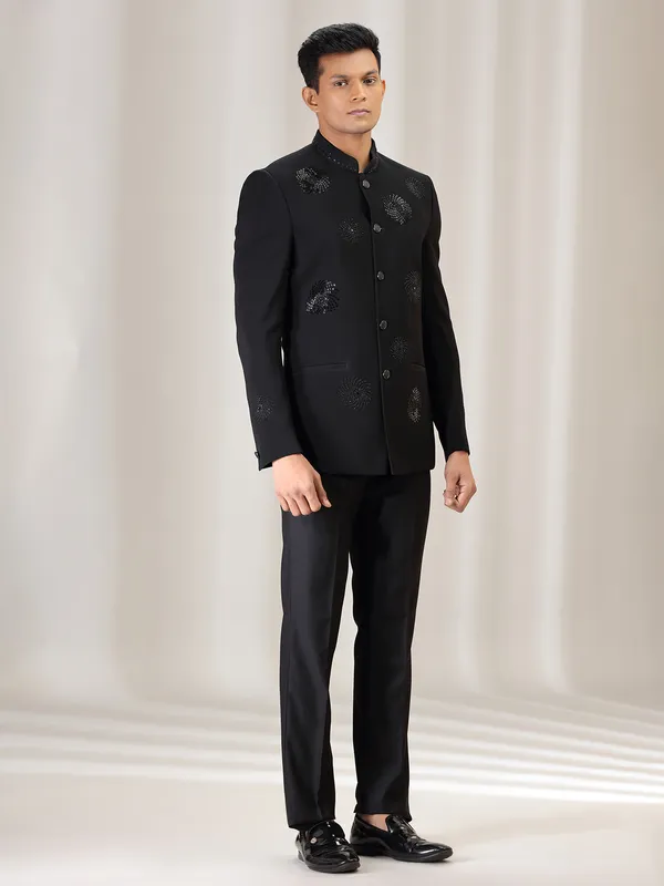 Black polyster jodhpuri suit for wedding