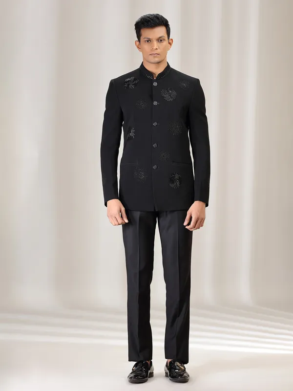 Black polyster jodhpuri suit for wedding