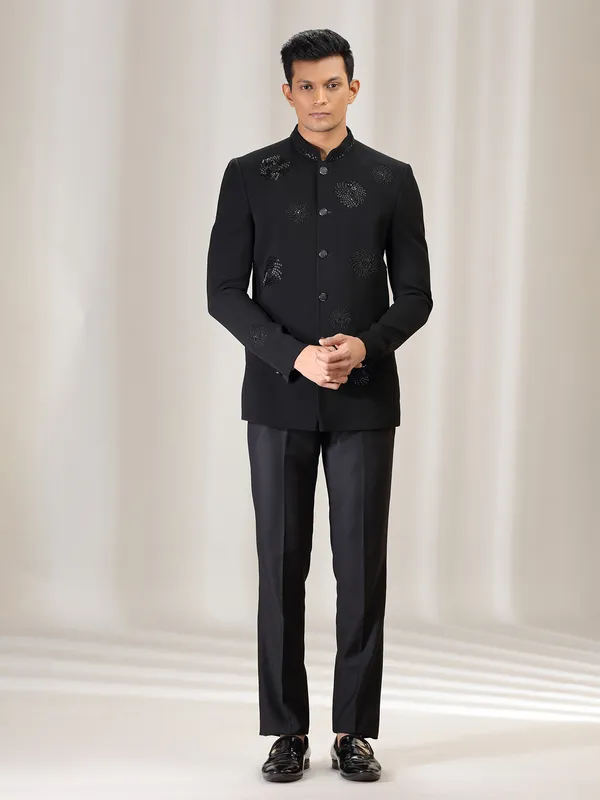 Black polyster jodhpuri suit for wedding