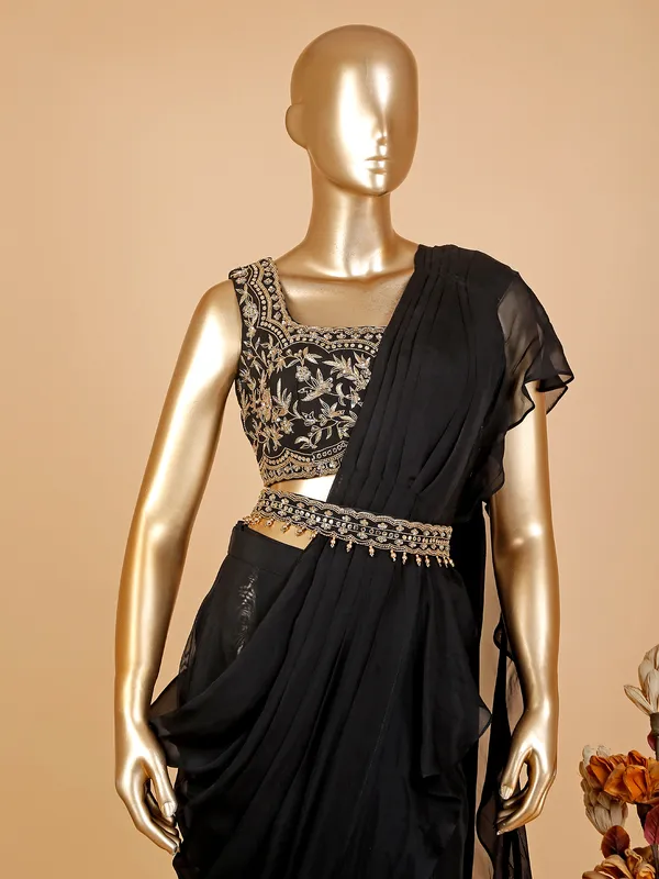 Black pre-stitched georgette saree