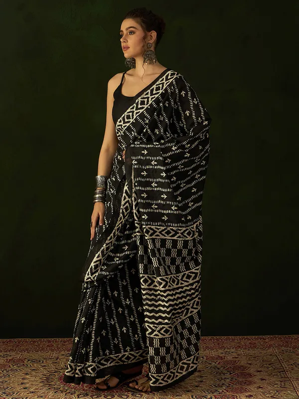 Black print bhagalpuri silk saree for casual