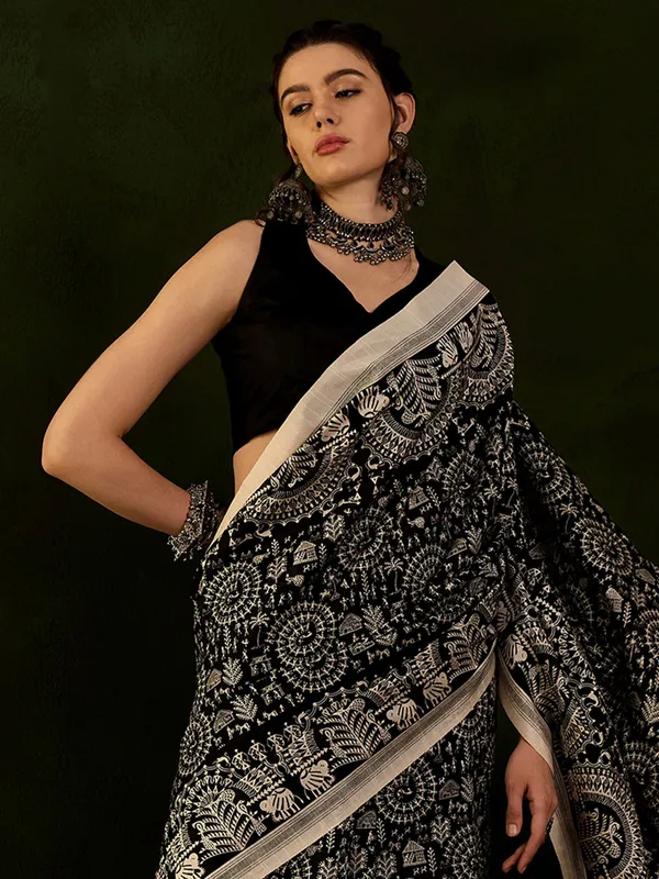 Black print bhagalpuri silk saree with print