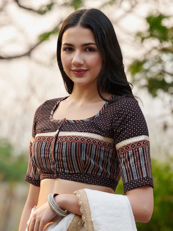 Black printed ajrakh printed cotton ready made blouse