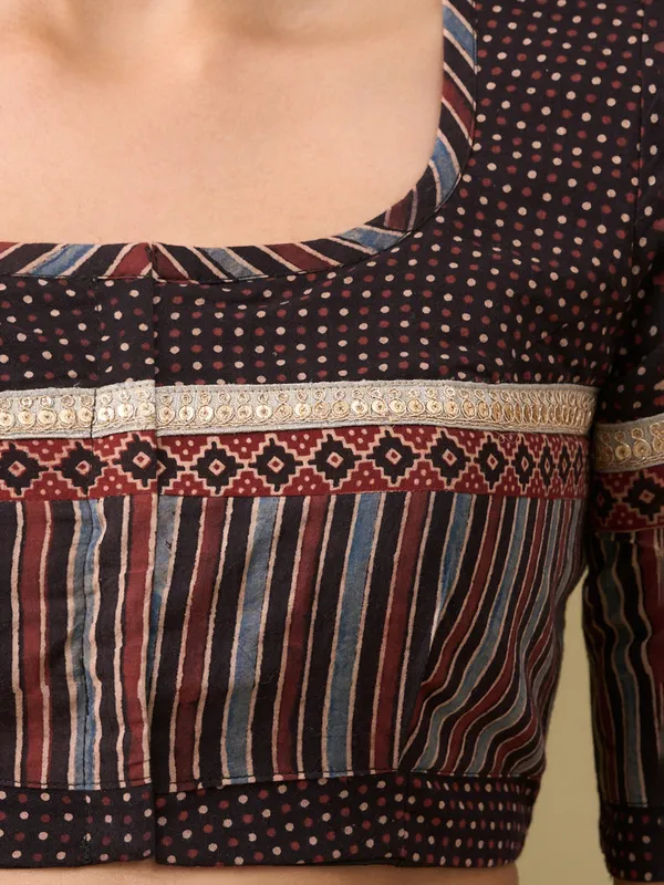 Black printed ajrakh printed cotton ready made blouse