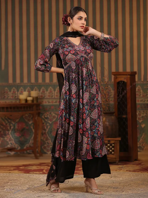 Black printed alia cut palazzo set