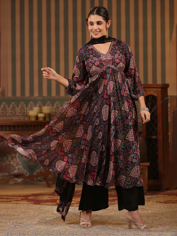 Black printed alia cut palazzo set