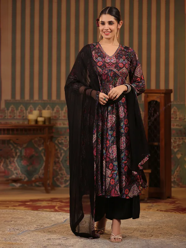 Black printed alia cut palazzo set