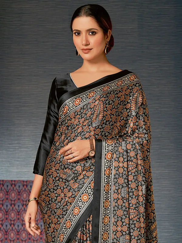 Black printed bhagal puri silk saree for festival