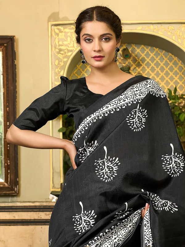 Black printed bhagalpuri silk saree for festive wear