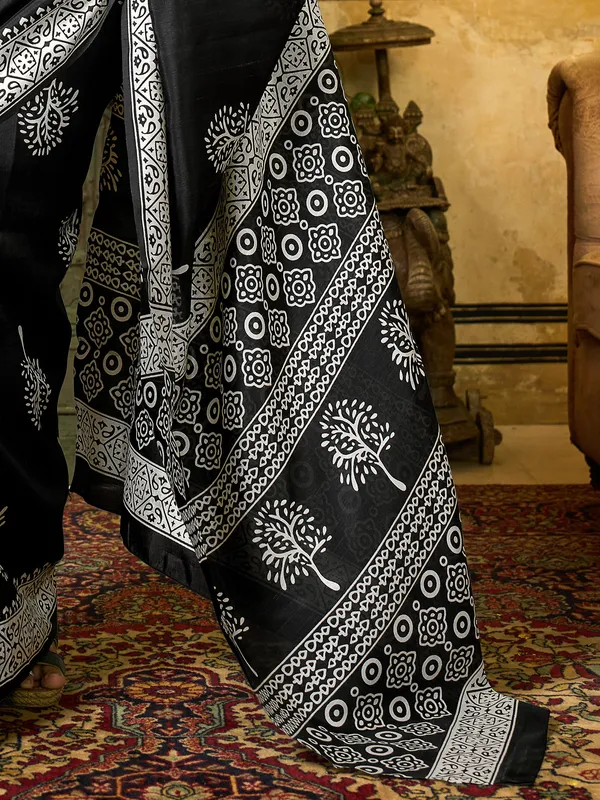Black printed bhagalpuri silk saree for festive wear