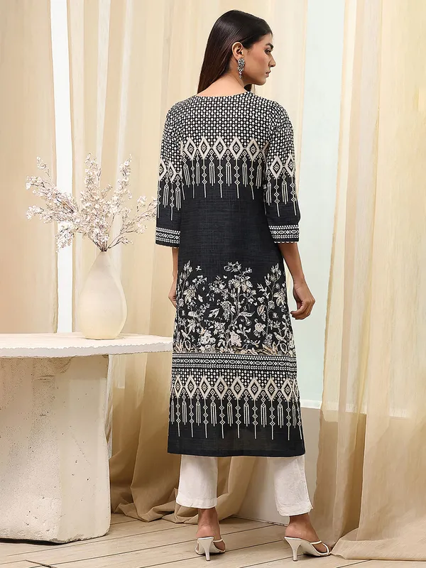 Black printed casual kurti in silk