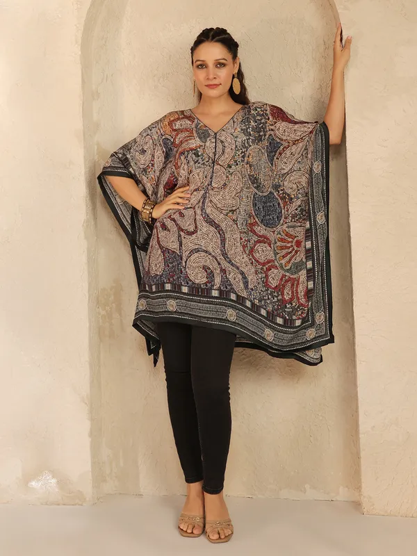 Black printed casual wear crepe silk ponchos top