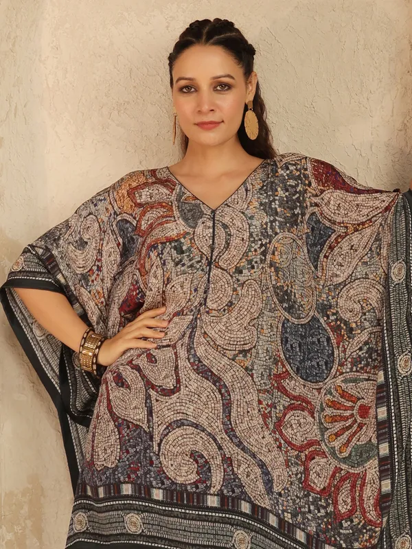 Black printed casual wear crepe silk ponchos top