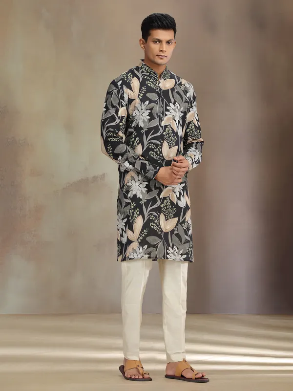 Black printed cotton linen kurta pajama for festive wear
