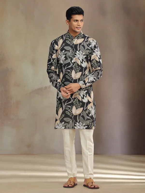 Black printed cotton linen kurta pajama for festive wear