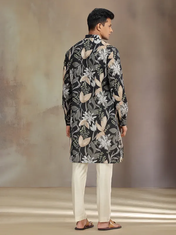 Black printed cotton linen kurta pajama for festive wear
