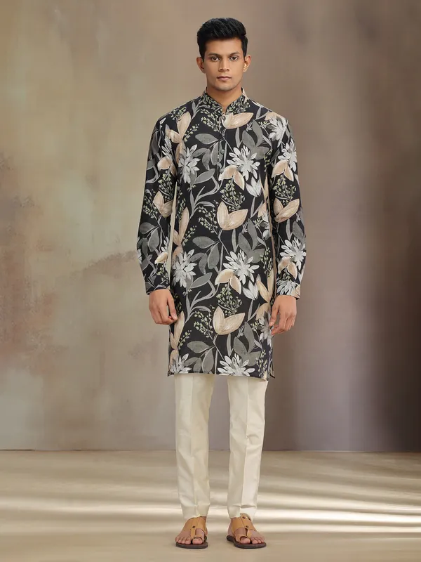 Black printed cotton linen kurta pajama for festive wear