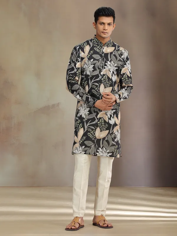 Black printed cotton linen kurta pajama for festive wear