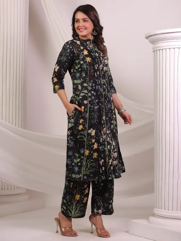 Black printed cotton kurti set for women