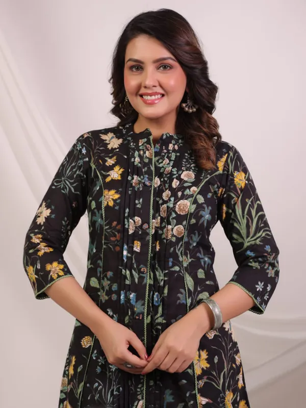 Black printed cotton kurti set for women