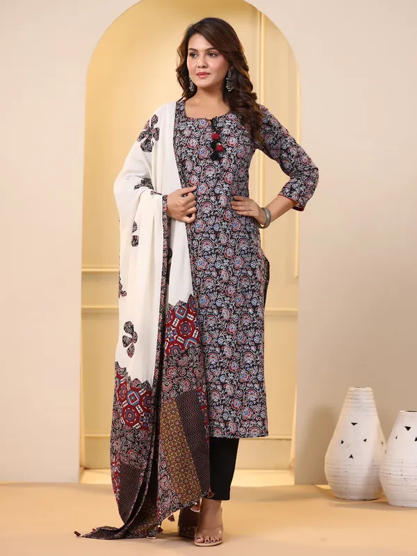 Black printed cotton kurti set with dupatta