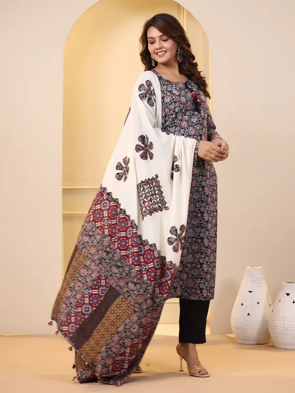 Black printed cotton kurti set with dupatta