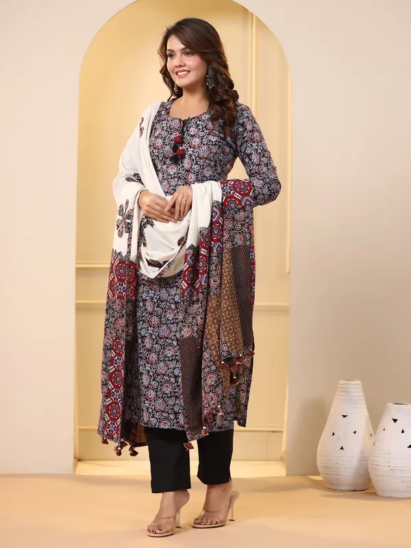 Black printed cotton kurti set with dupatta