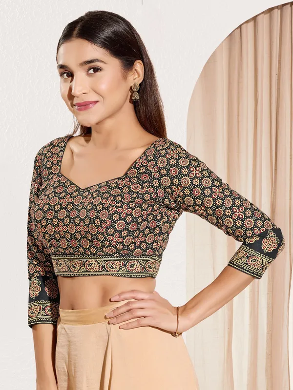 Black printed cotton ready made blouse
