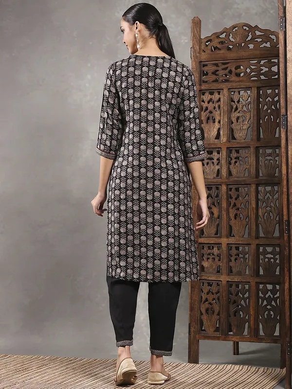 Black printed cotton silk kurti set for women