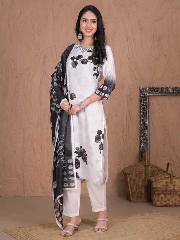 Black printed cotton silk kurti set with dupatta